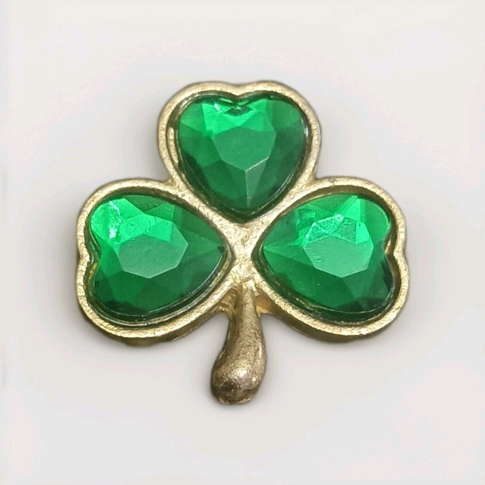 Vintage Green Stone Shamrock 3 Leaf Clover Brooch Gold Tone Lapel Pin Pinback